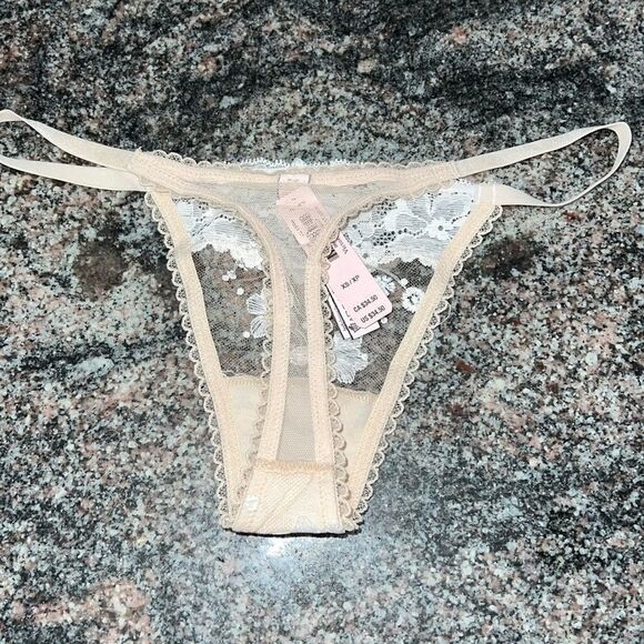 Victorias Secret Body Supersoft Lace and Embroidery String Thong Panty Champagne - Picture 9 of 9